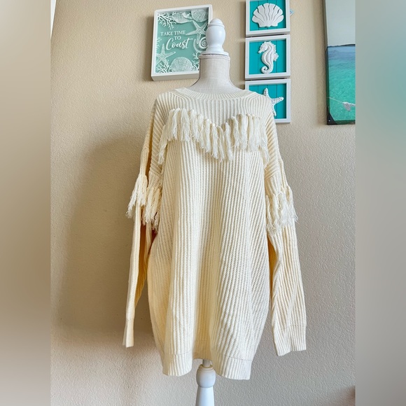 VICI Crewneck Fringe Trim Drop Shoulder Sweater Dress Cream X Large - Picture 2 of 10